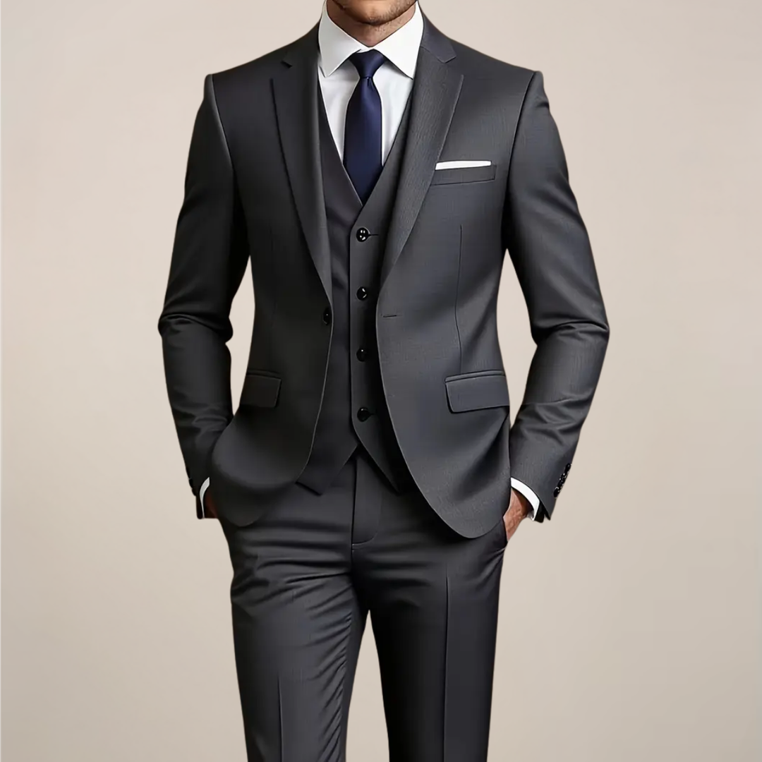 Men's dark grey slim fit three-piece suit, perfect for formal occasions, weddings, or business events.