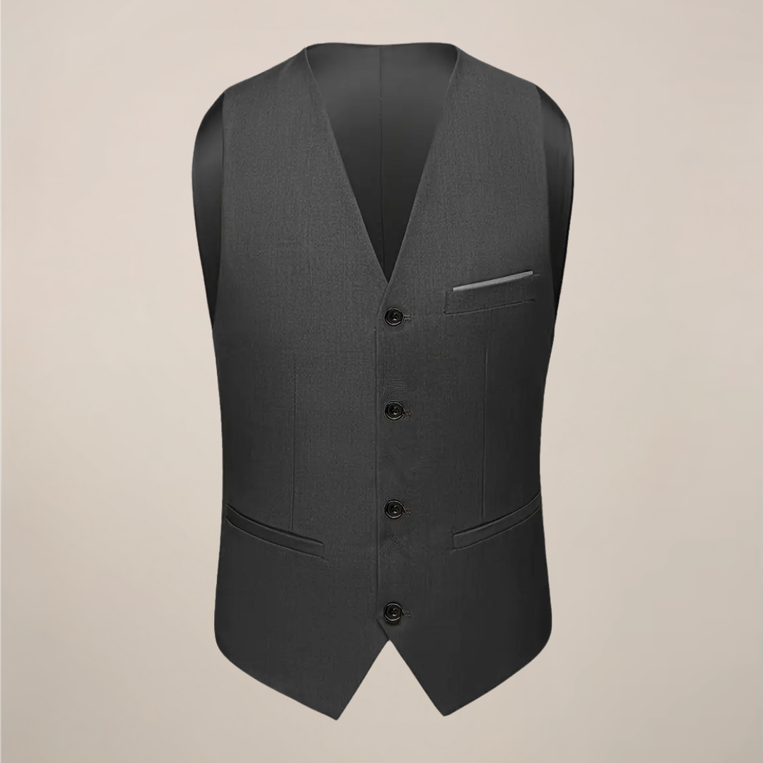 Modern dark grey slim fit three-piece suit for men, a versatile choice for weddings, proms, or professional wear.