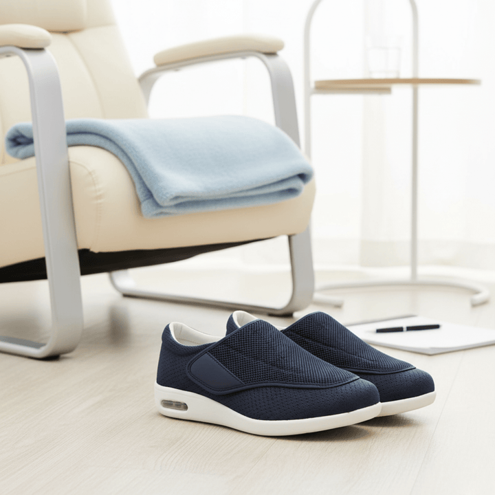 Supportive men's health shoes: wide fit, memory foam, ideal for diabetic foot care & seniors.