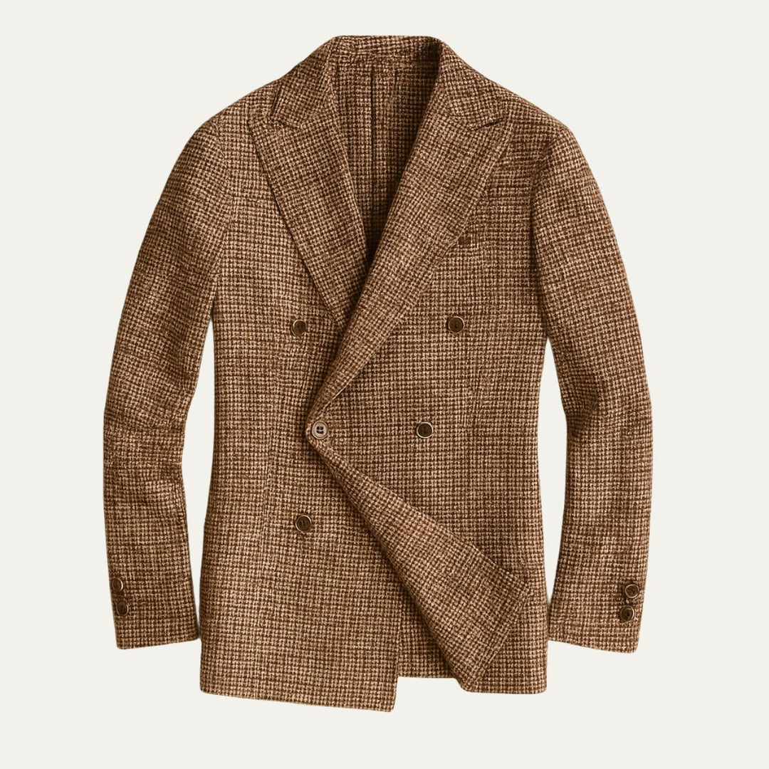 Men's double-breasted checked blazer, tailored for smart casual & formal wear. Stylish contemporary fashion outerwear.