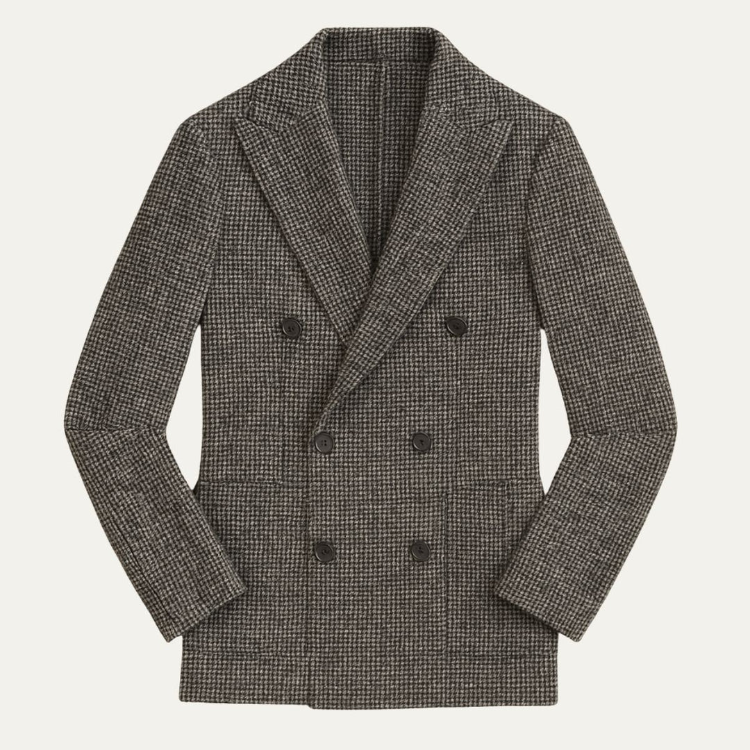Stylish men's brown checked double-breasted tailored blazer, perfect for business casual and formal events.
