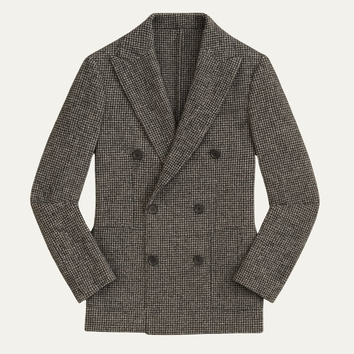 Stylish men's brown checked double-breasted tailored blazer, perfect for business casual and formal events.