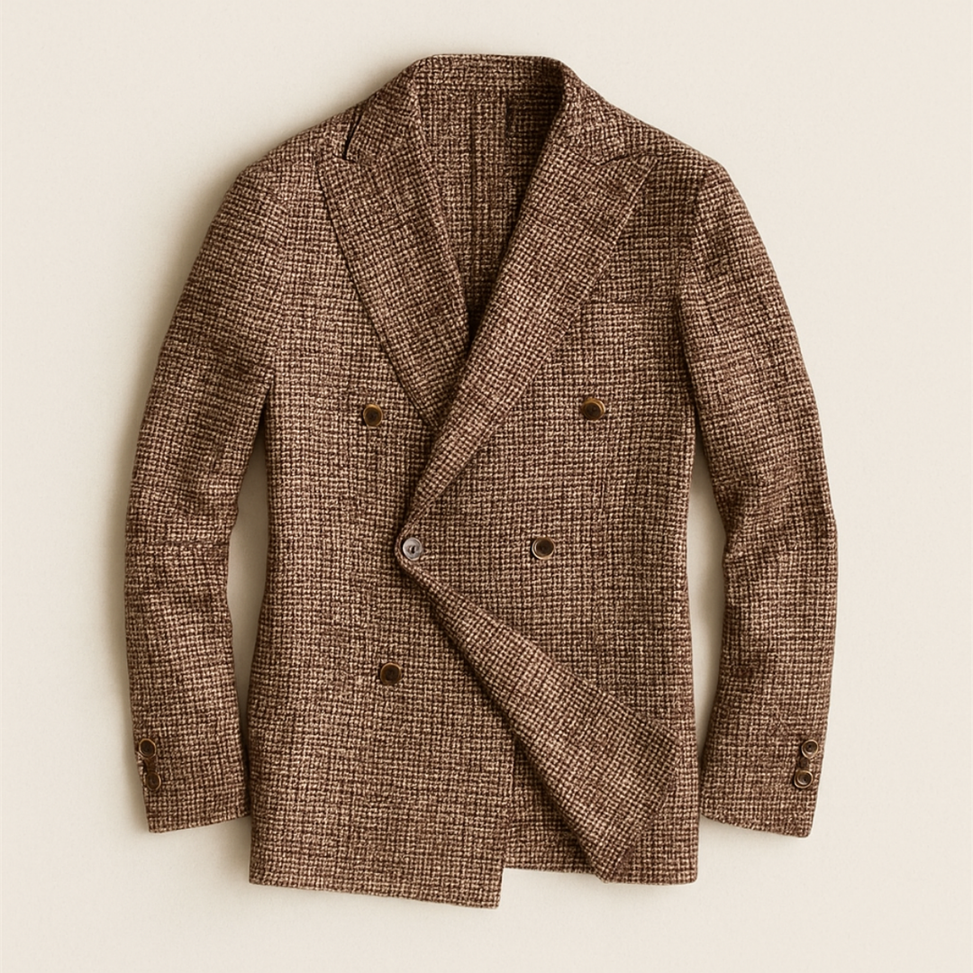 Contemporary men's gray checked tailored jacket, double-breasted, ideal for smart casual & business fashion.