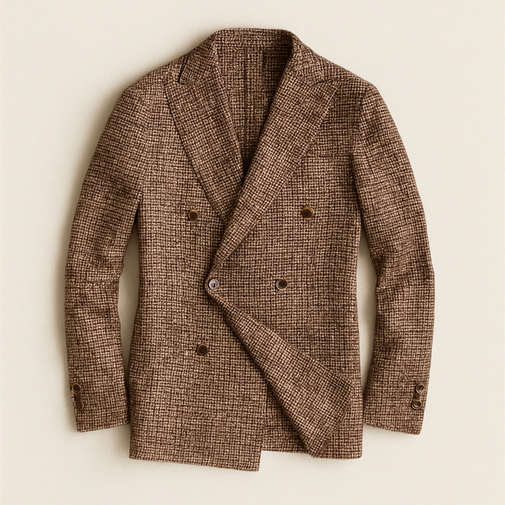 Contemporary men's gray checked tailored jacket, double-breasted, ideal for smart casual & business fashion.