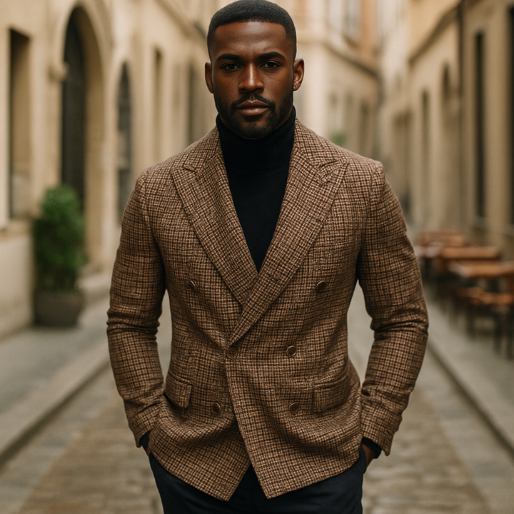 Sharp men's tailored checked double-breasted blazer. A stylish jacket for contemporary fashion & formal occasions.