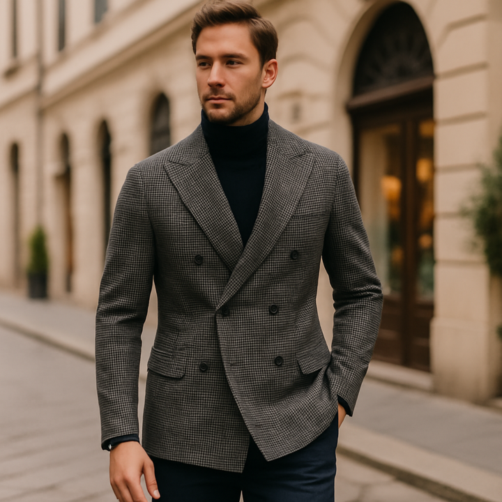 Classic men's double-breasted checked tailored jacket, excellent for smart casual and sophisticated formal wear.