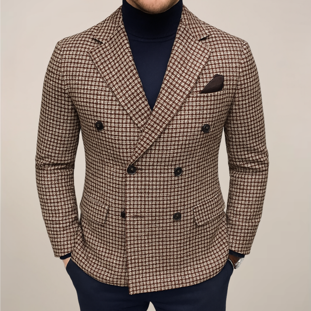 Men's double-breasted checked blazer. Tailored heritage jacket perfect for formal, business, or smart casual wear.