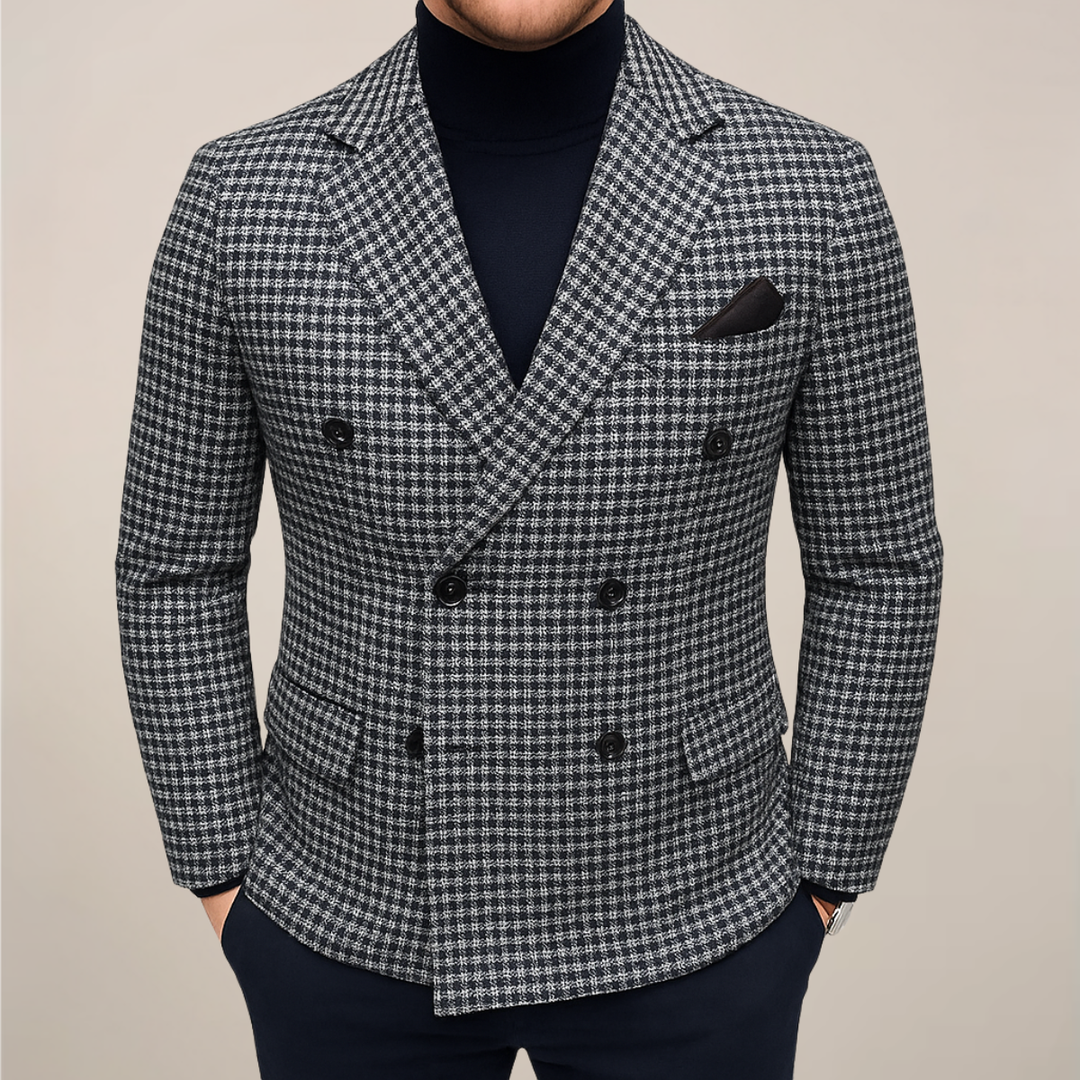Stylish men's double-breasted checked blazer. Tailored fit heritage jacket for elegant formal and smart casual fashion.