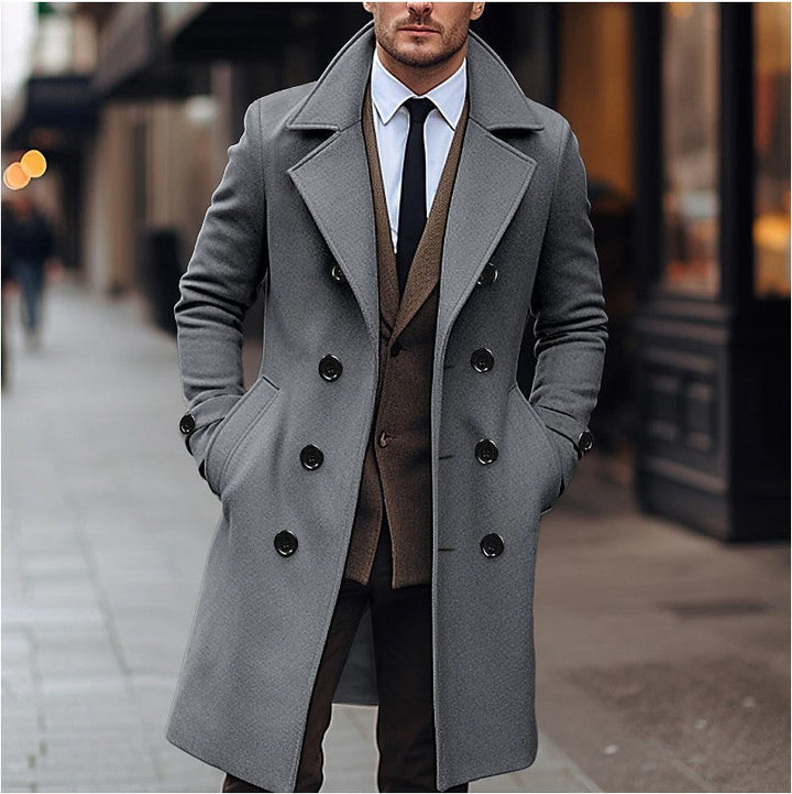 Men's double-breasted long overcoat in a classic tailored fit, perfect for elegant winter style and formal wear.