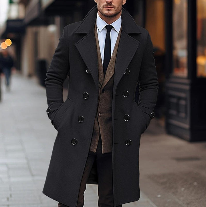 Stylish men's tailored long trench coat with double-breasted design, ideal for smart casual or formal outerwear.