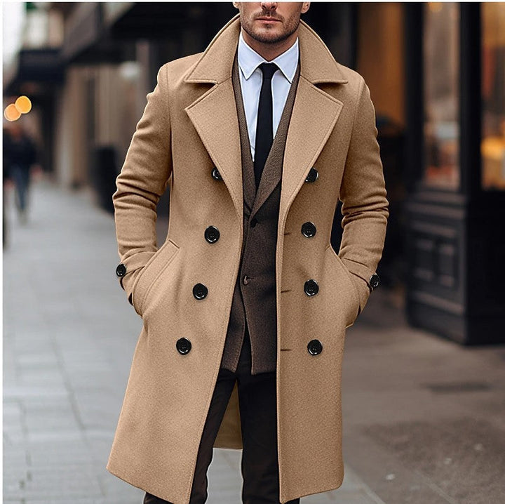 Timeless men's double-breasted long winter coat, a sophisticated and warm outerwear piece for men's fashion.