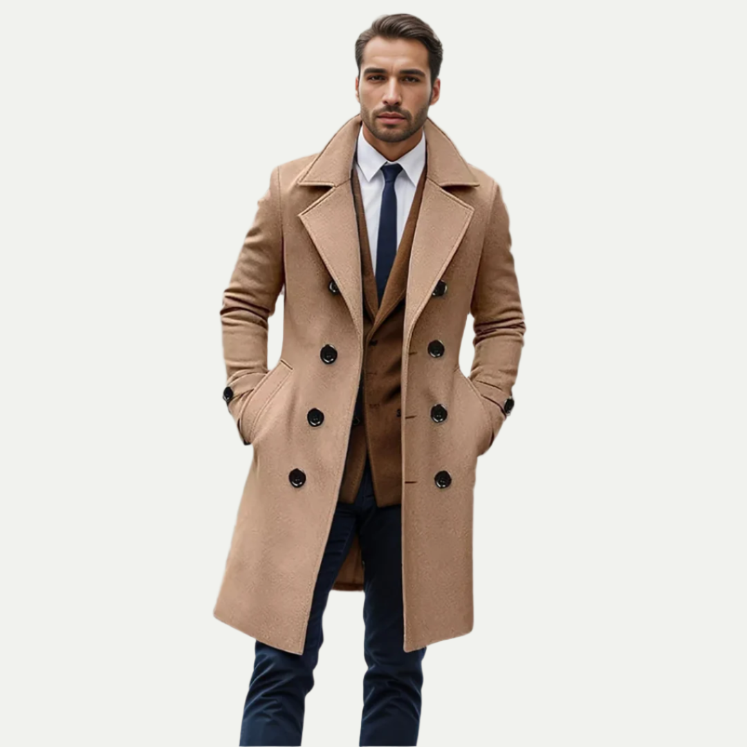 Men's double-breasted longline trench coat for sophisticated fall/winter style. Classic formal outerwear.