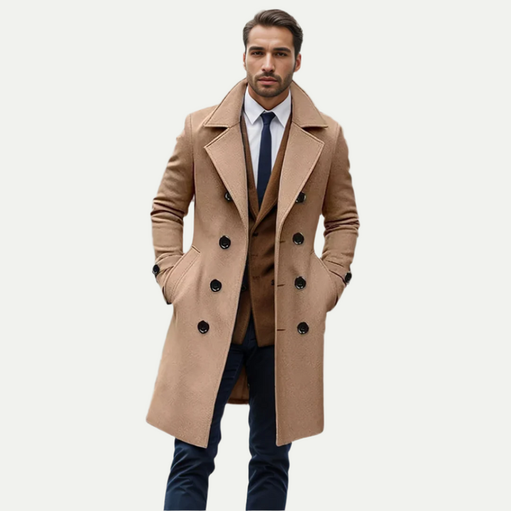 Men's double-breasted longline trench coat for sophisticated fall/winter style. Classic formal outerwear.