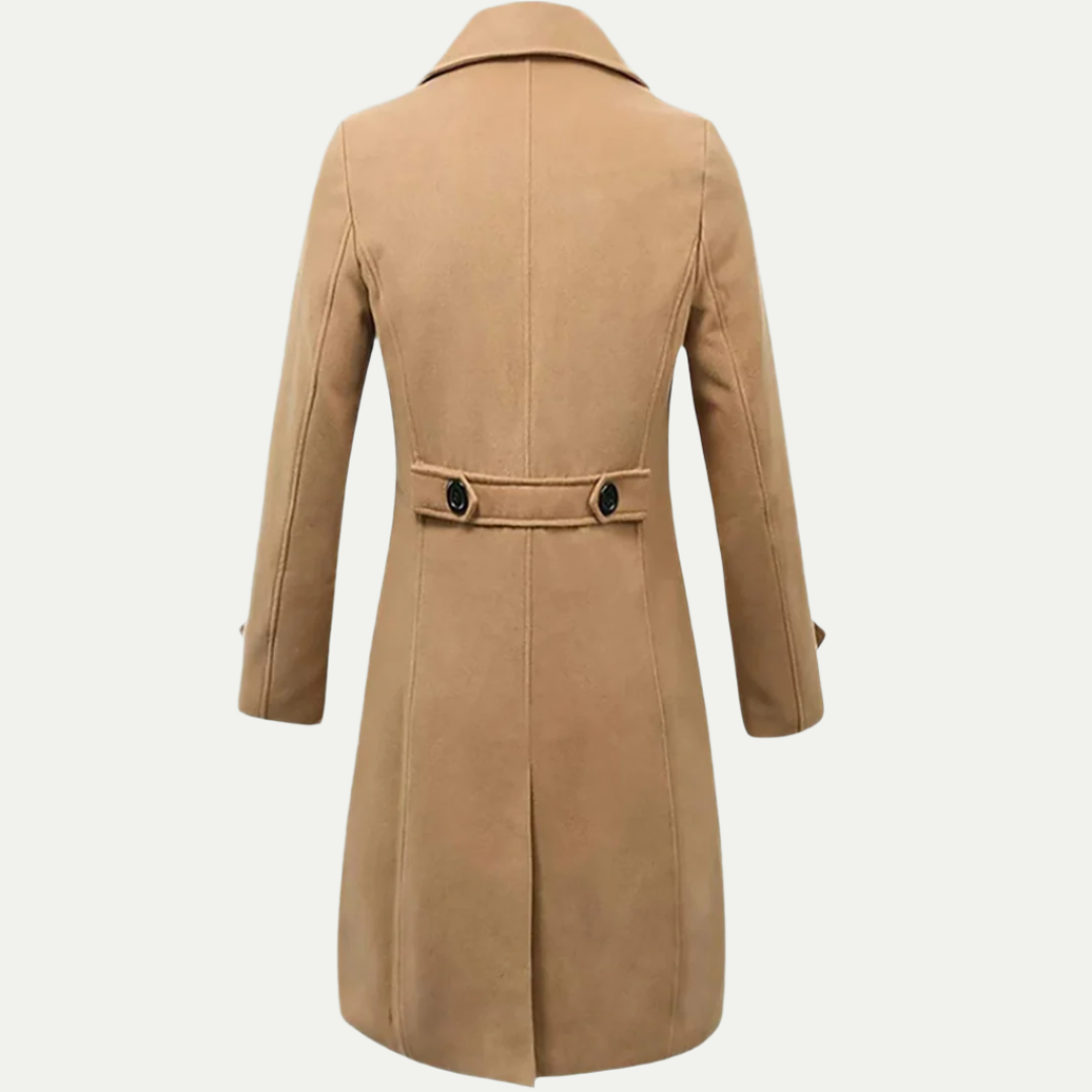 Elegant men's double-breasted trench coat in a longline cut, perfect for business casual and formal wear.