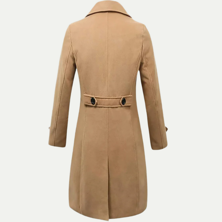 Elegant men's double-breasted trench coat in a longline cut, perfect for business casual and formal wear.