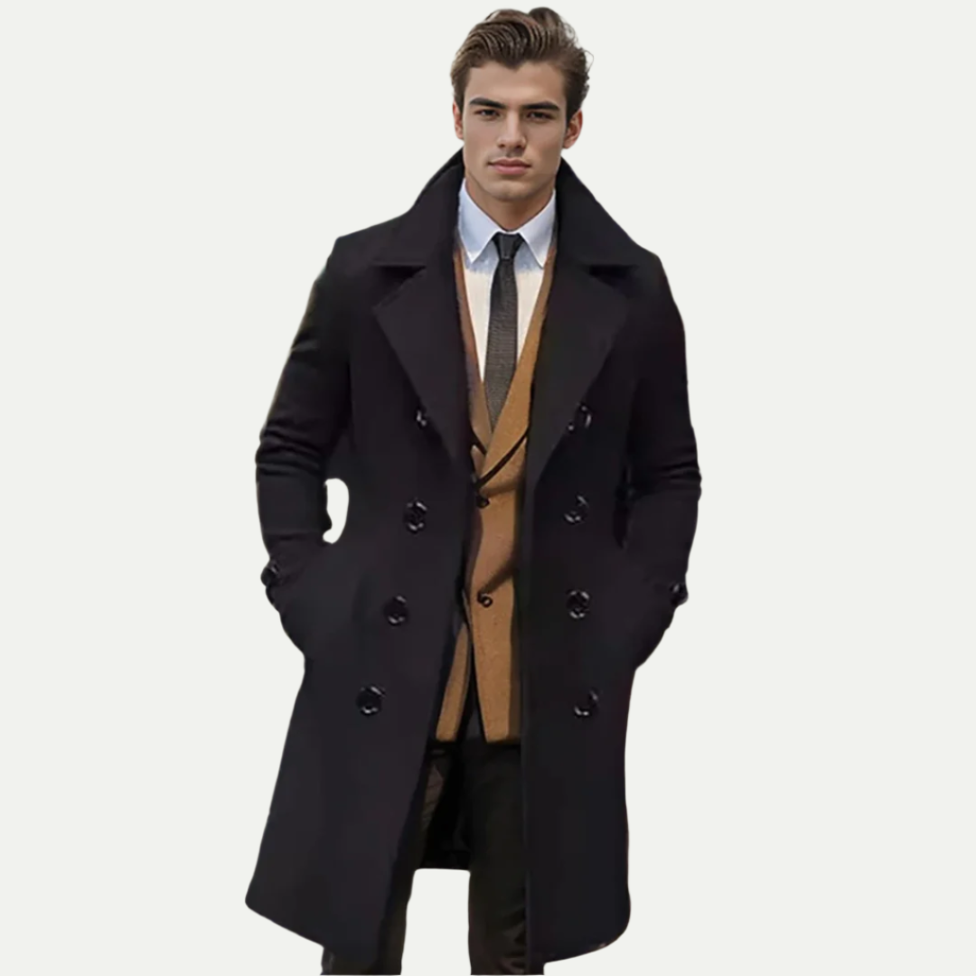Stylish men's longline double-breasted trench coat, ideal outerwear for classic fall/winter mens fashion.