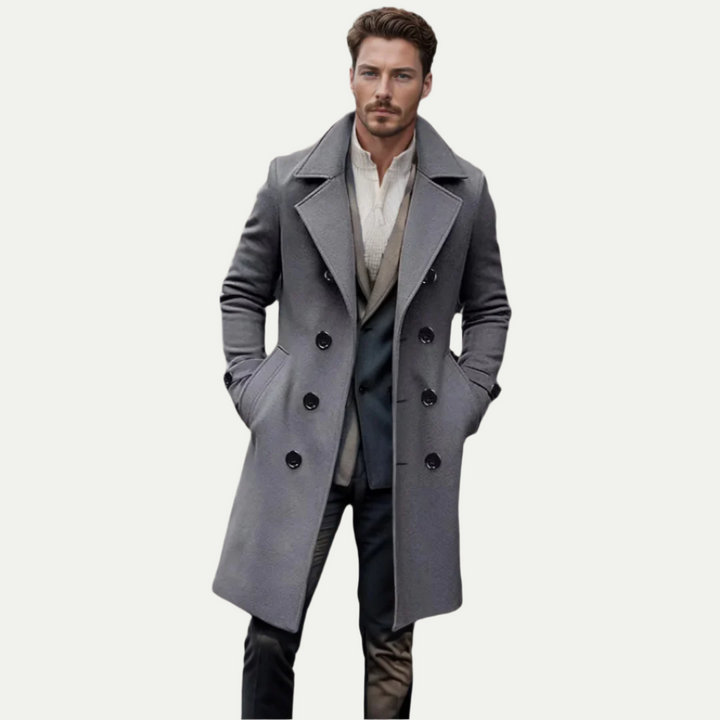 Classic men's double-breasted trench coat with a longline silhouette, offering sophisticated mens style.