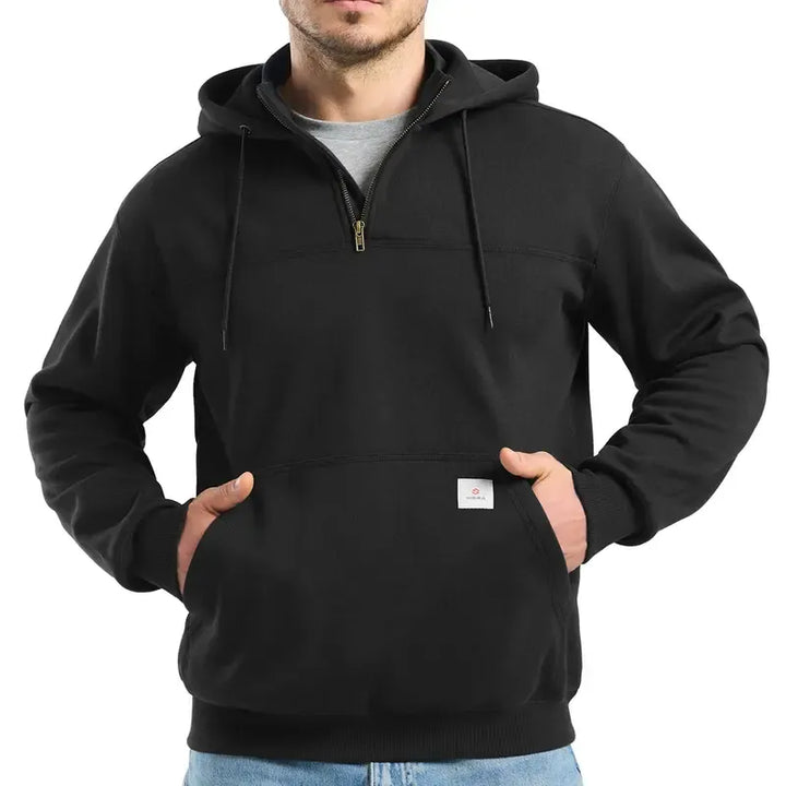 Rugged men's quarter-zip Dryline work hoodie. Water-resistant, long sleeve, durable workwear for active industrial use.