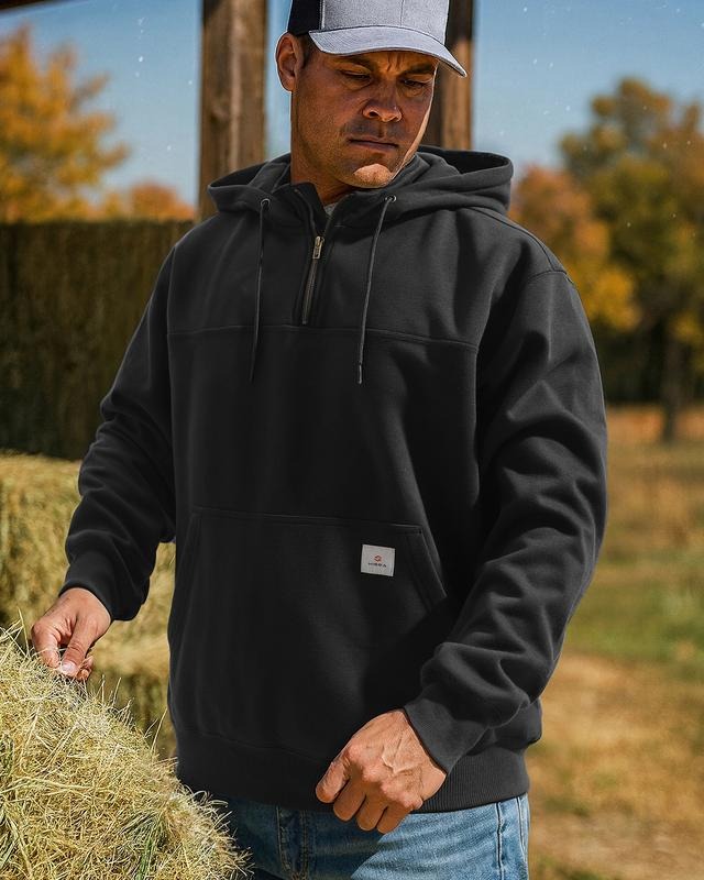Comfortable men's Dryline hooded sweatshirt, quarter-zip. Durable, water-resistant activewear & outerwear for work.