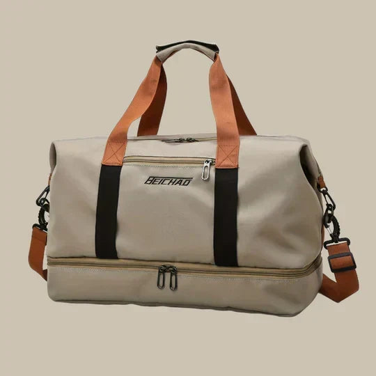 Men's carry-on travel duffle bag with shoe compartment, water-resistant, perfect for weekend getaways.