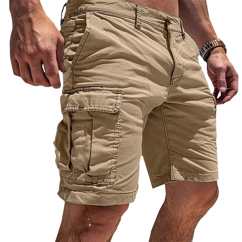Close-up of men's utility cargo shorts showing durable fabric & practical multi-pocket design.