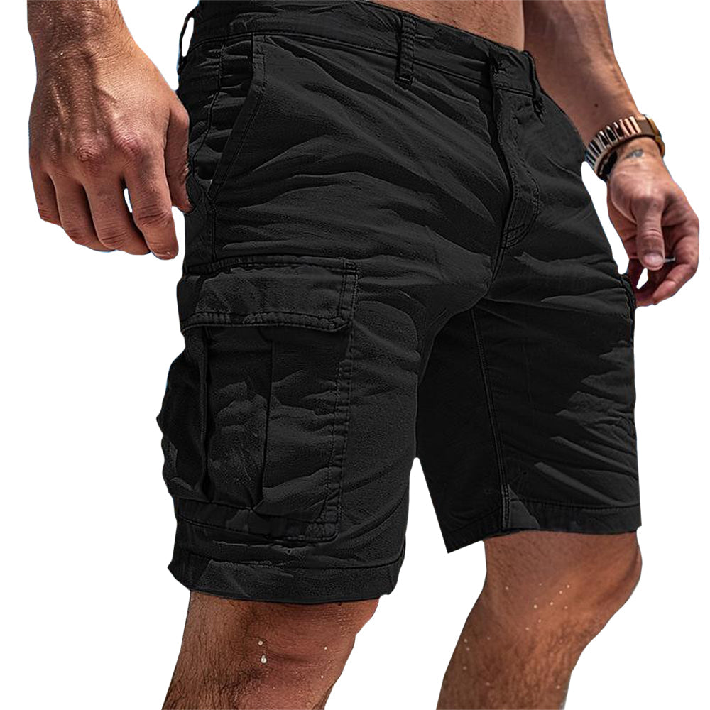 Side view of stylish men's cargo shorts, featuring a comfortable fit & ample multi-pocket storage.