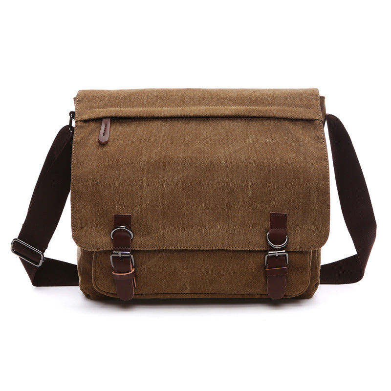 Rugged men's shoulder bag, a durable messenger for work & travel, featuring secure buckle straps for safety.