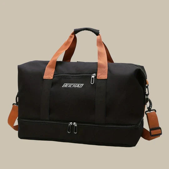 Large men's carry-on duffel bag for travel and gym, featuring a smart shoe compartment for organized packing.