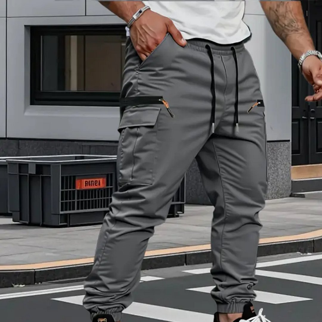 Versatile men's stretch cargo jogger pants, perfect for activewear, casual comfort, & everyday utility.