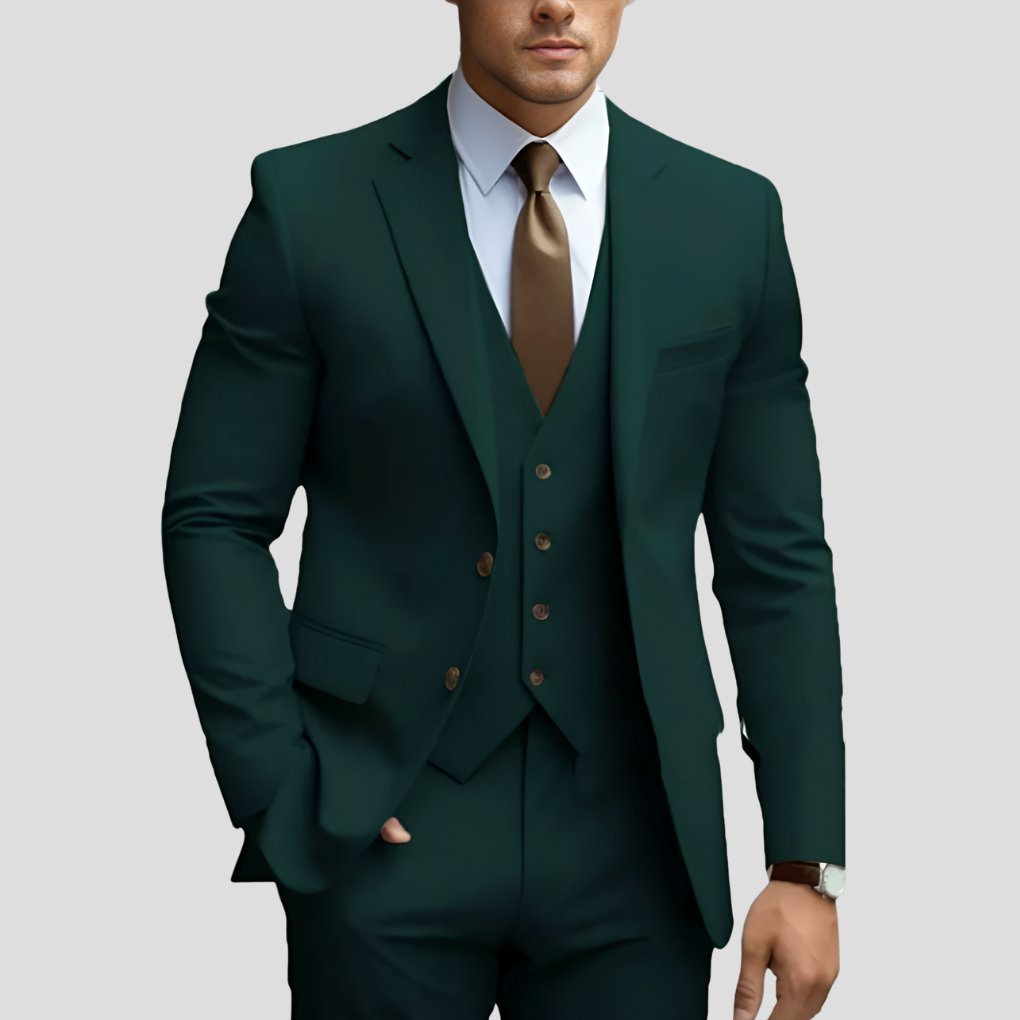 Men's elegant 3-piece suit with matching vest, ideal for formal events and weddings.