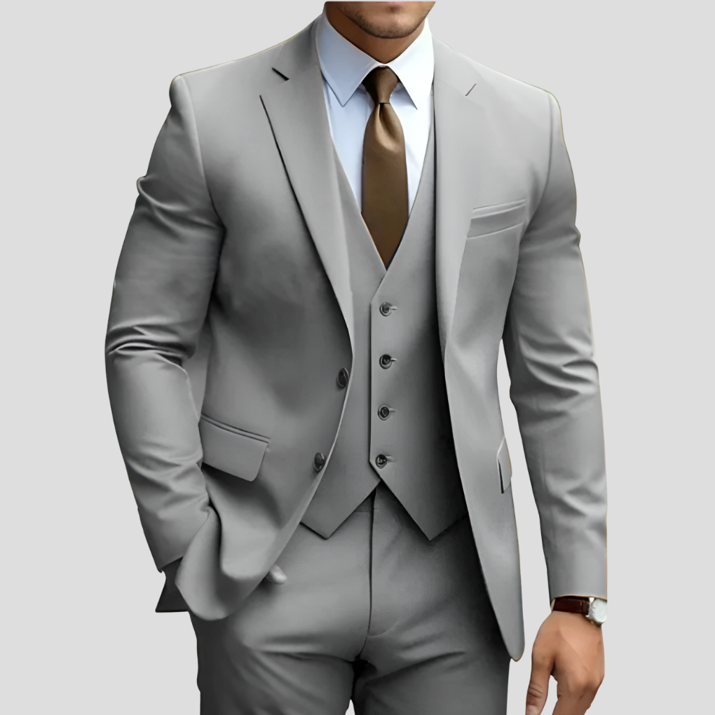 Full length view of a men's elegant 3-piece suit with matching vest, showcasing complete formal attire.