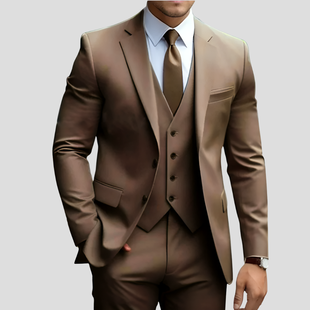 Stylish men's 3-piece suit with a matching vest, perfect for formal and business attire.