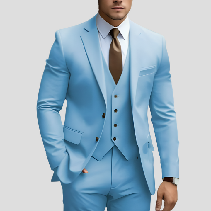 Sophisticated 3-piece men's suit set including jacket, trousers, and matching vest for formal wear.