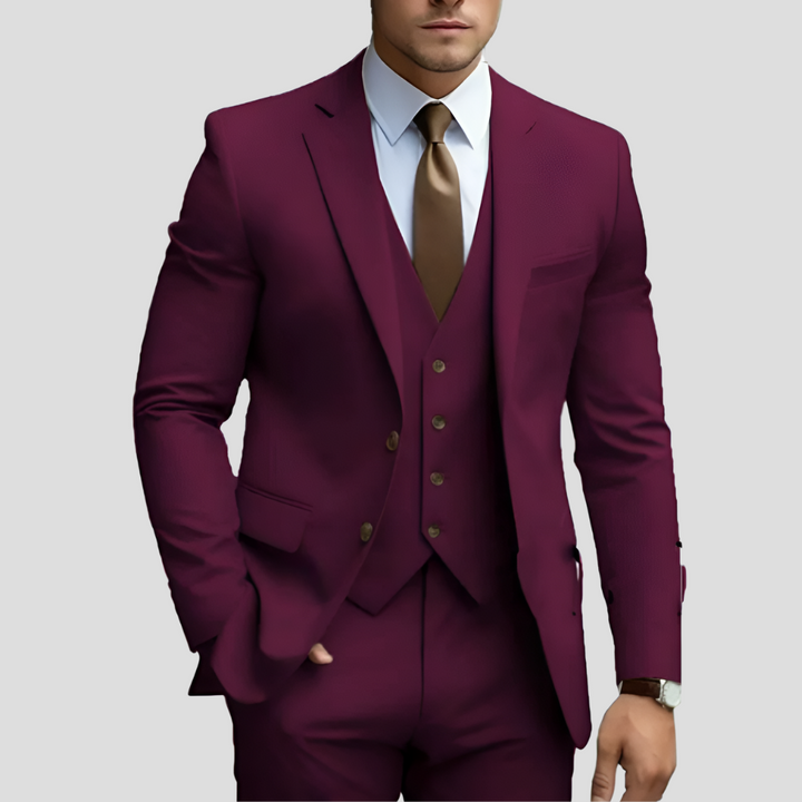 Elegant men's wedding suit or business attire, a 3-piece set with a stylish matching vest.