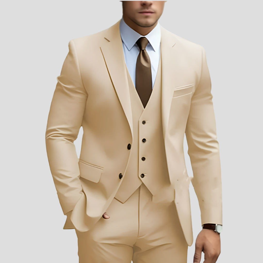 Dapper men's elegant 3-piece suit featuring a well-fitted jacket, trousers, and matching vest.