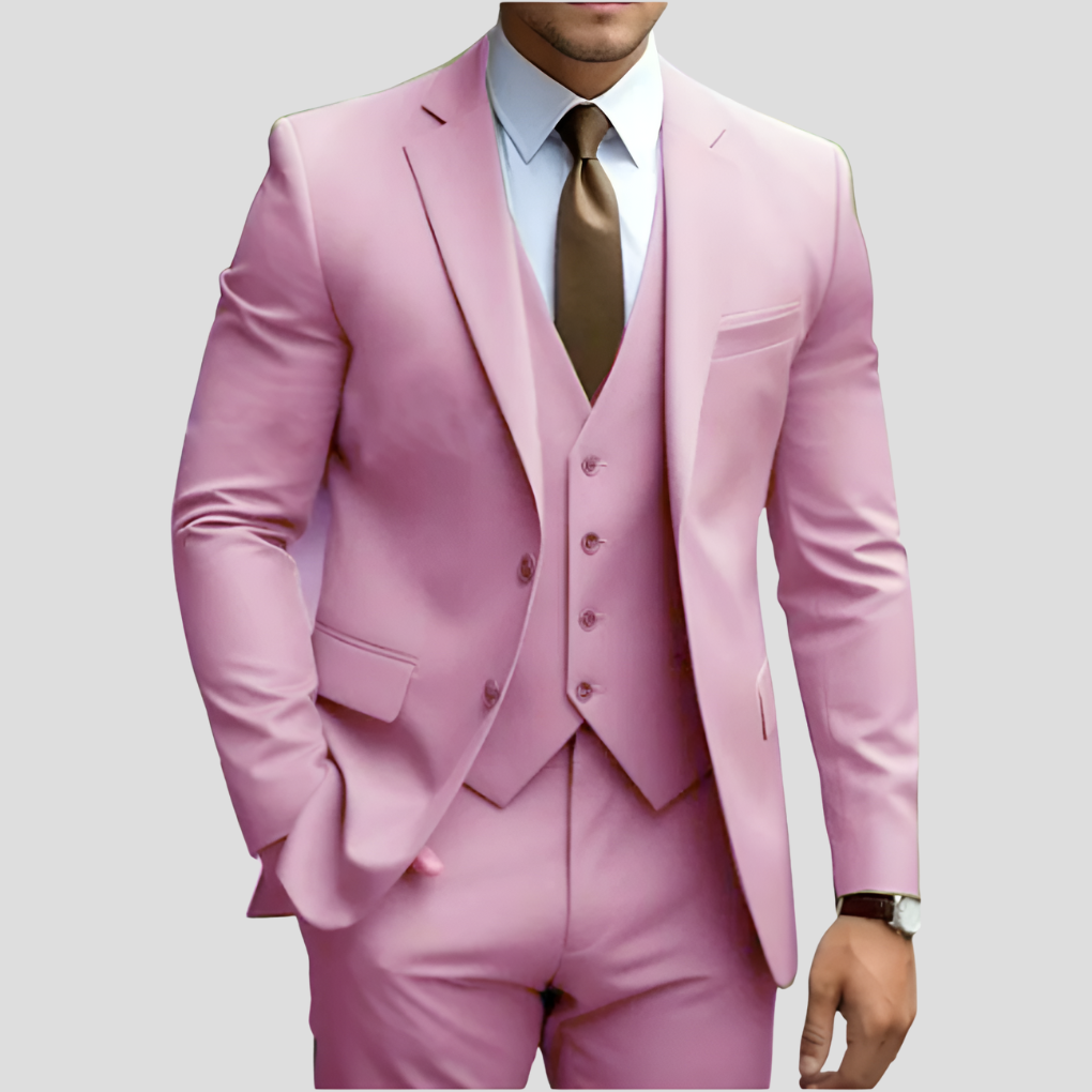 Versatile men's 3-piece suit with matching vest, suitable for business, weddings & formal events.