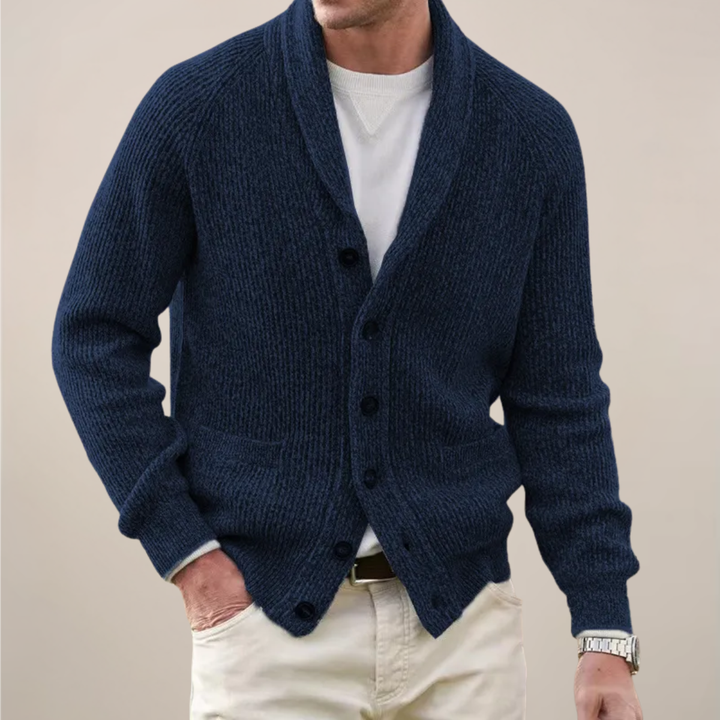Men's elegant black shawl collar cardigan, button-up, long sleeve, with pockets. Versatile fall & winter menswear.