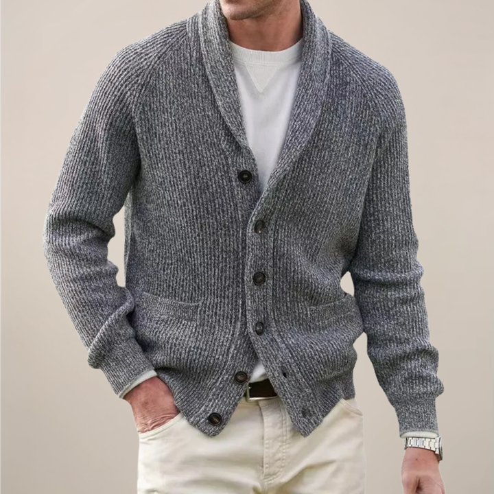 Versatile men's shawl collar cardigan for casual or elegant styling. Ideal fall & winter layering outerwear.