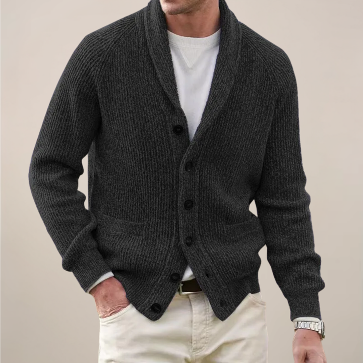 Stylish men's button-up shawl collar cardigan with pockets. Elegant long sleeve menswear, perfect for fall layering.