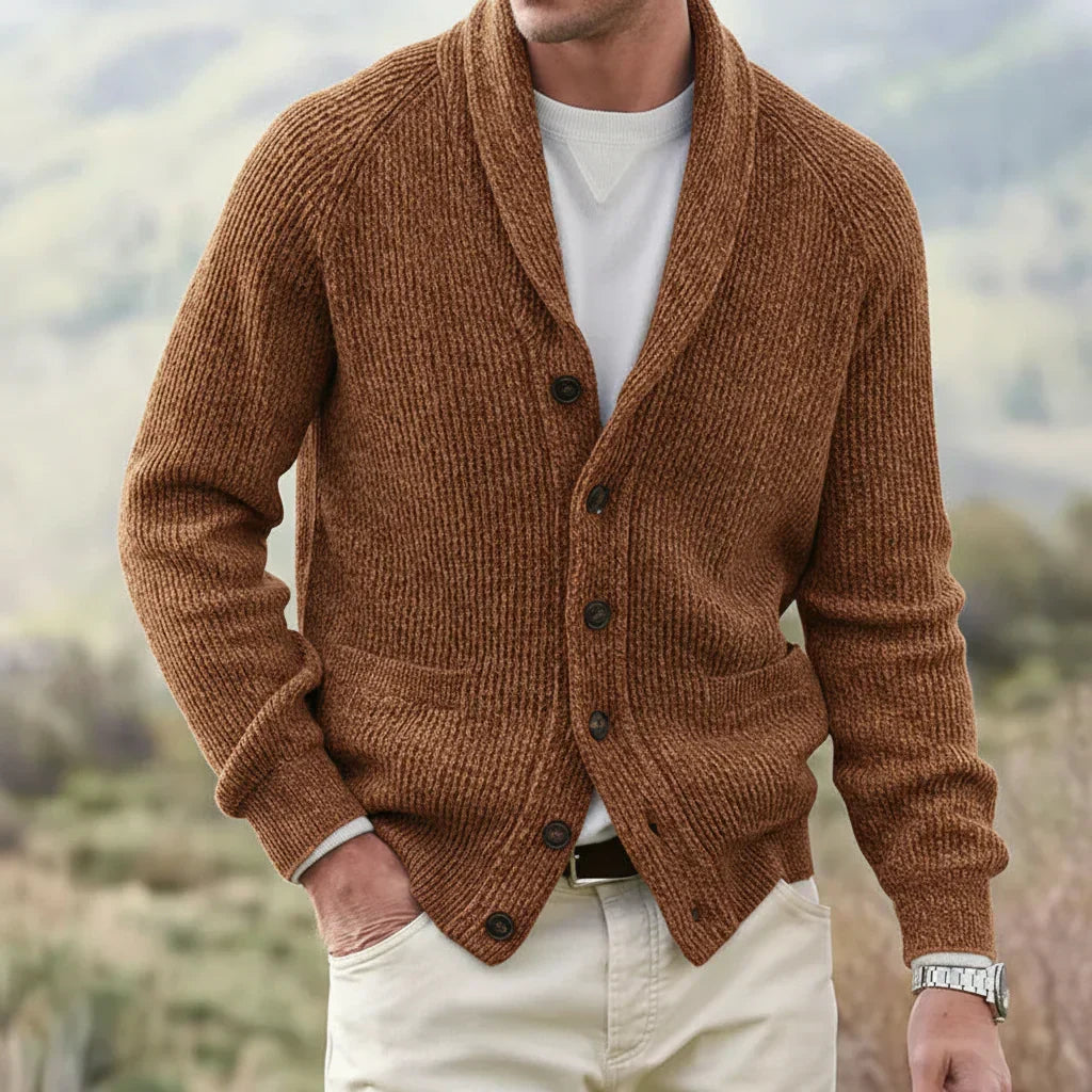 Classic men's shawl collar cardigan, long sleeve, button-up design. Essential versatile outerwear for fall & winter.