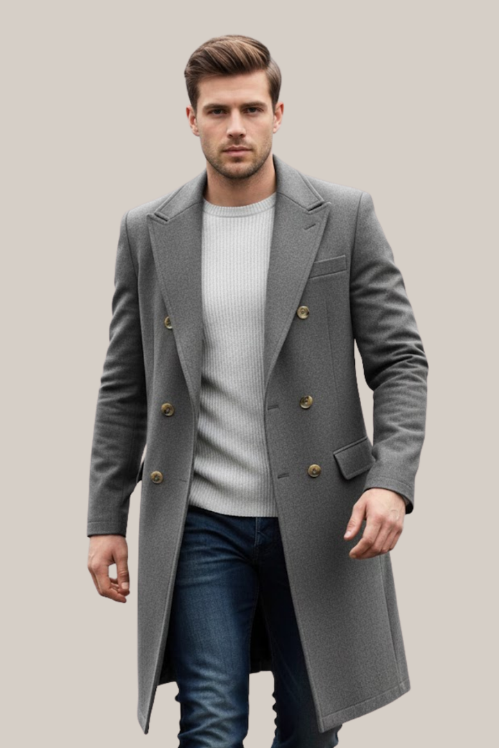 Men's elegant double-breasted long coat, ideal for formal occasions & business attire.
