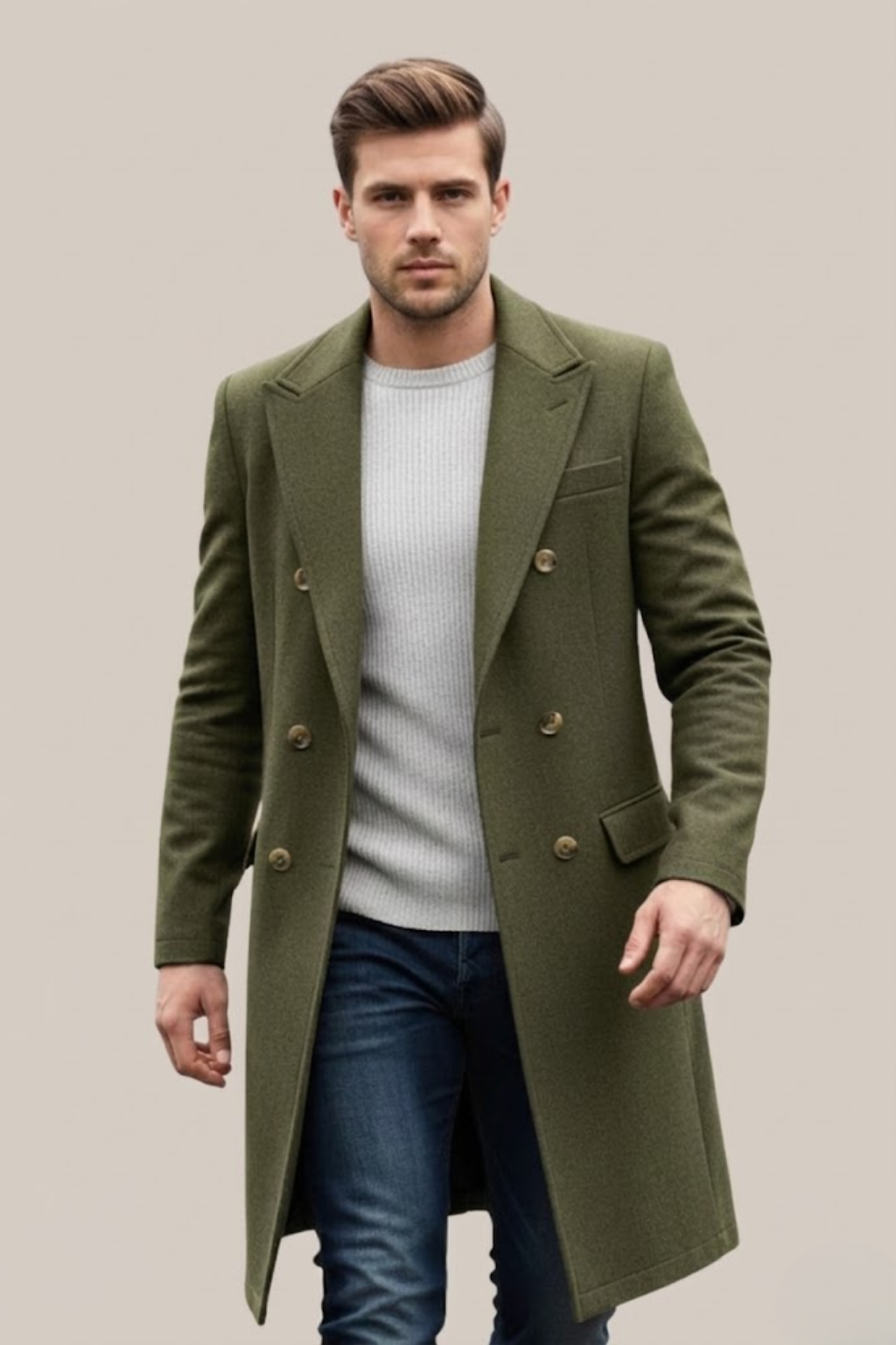 Classic men's double-breasted trench coat, versatile for smart casual & winter fashion.