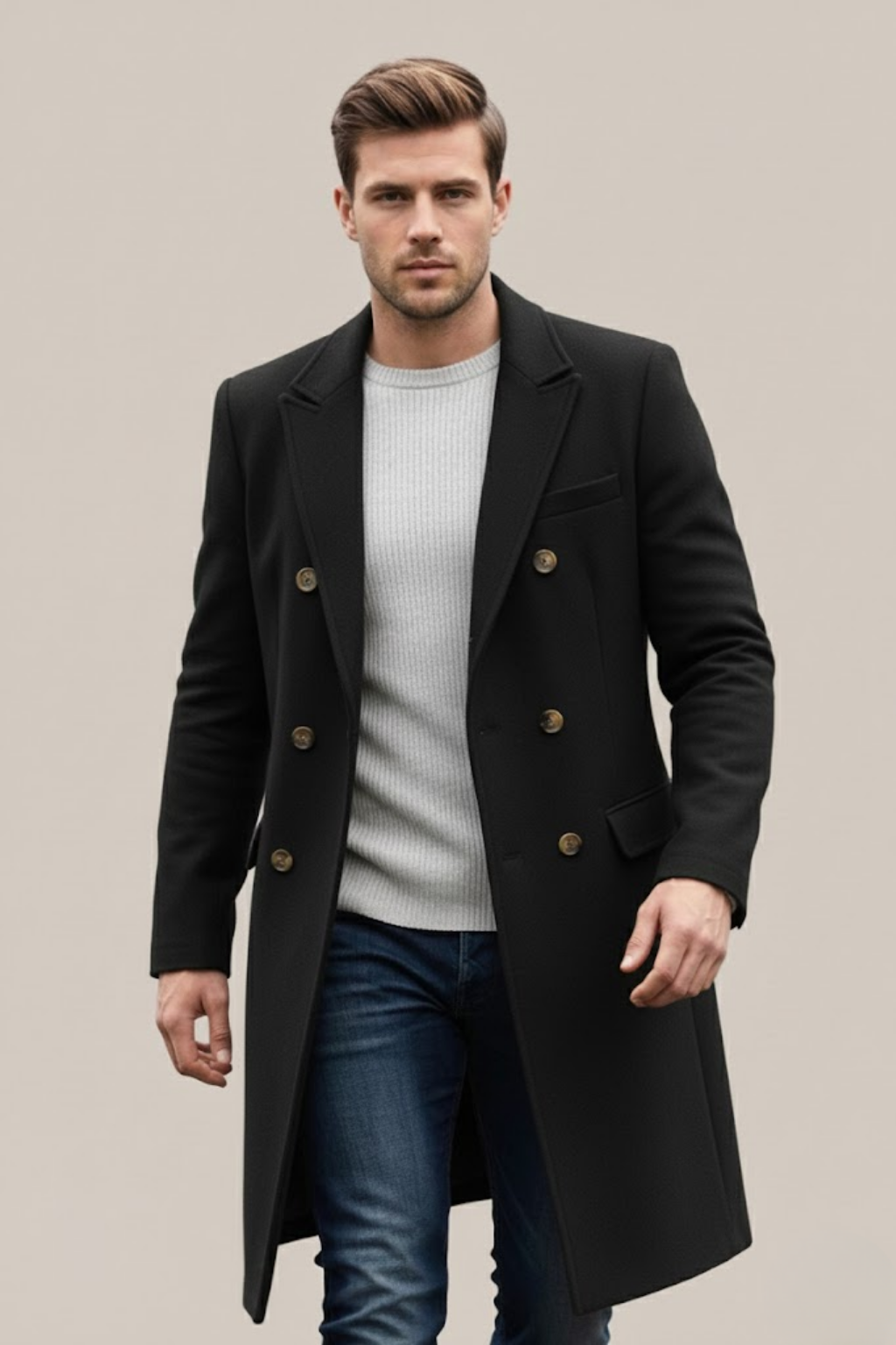 Stylish men's double-breasted overcoat, perfect outerwear for a classic winter look.