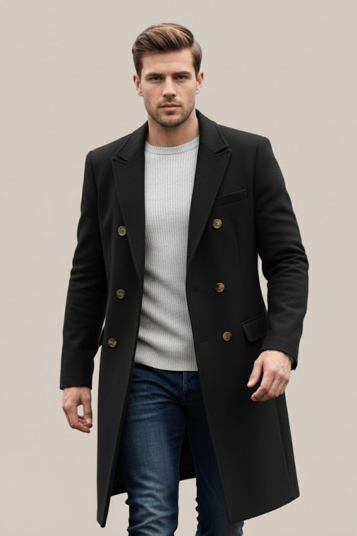 Stylish men's double-breasted overcoat, perfect outerwear for a classic winter look.