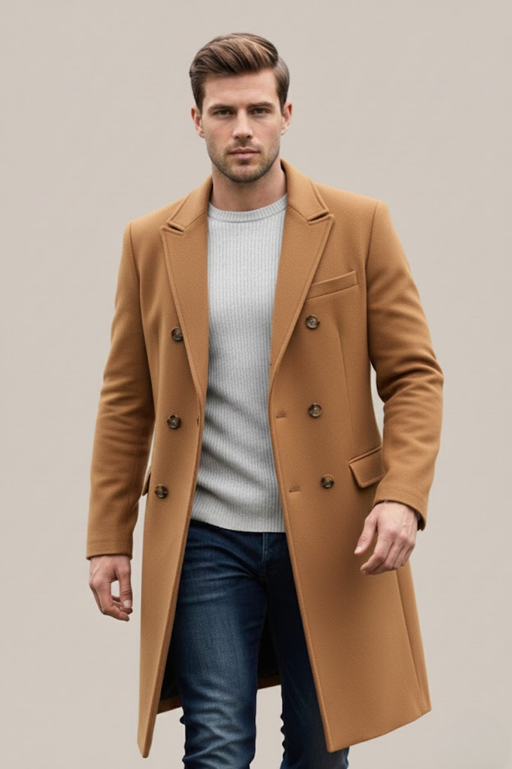 Versatile men's long double-breasted coat, suitable for both formal & smart casual winter outfits.