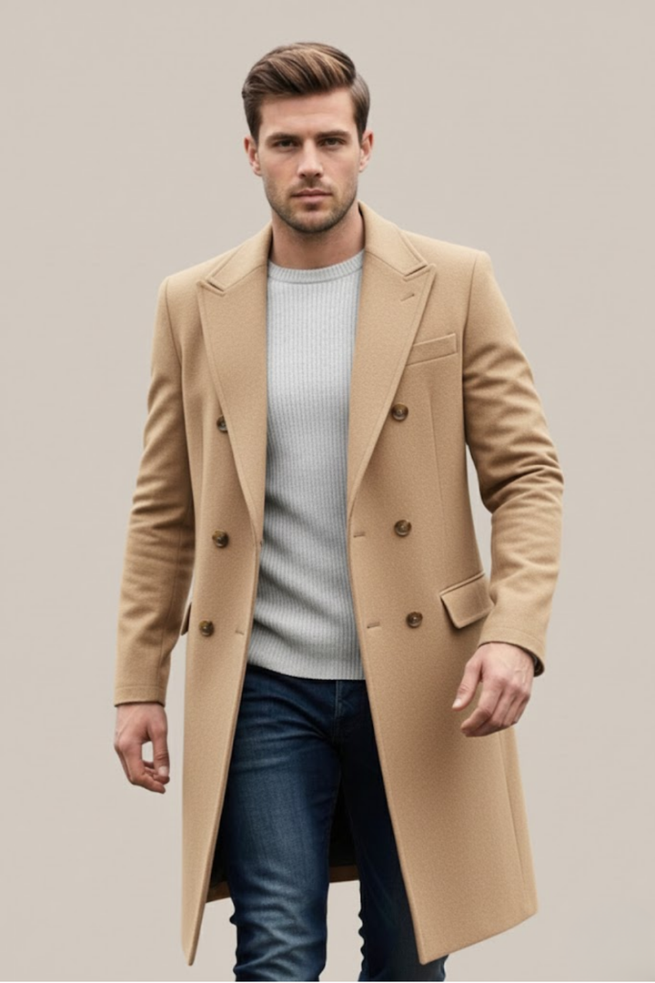 Men's elegant double-breasted trench coat with classic lapels, warm winter outerwear.