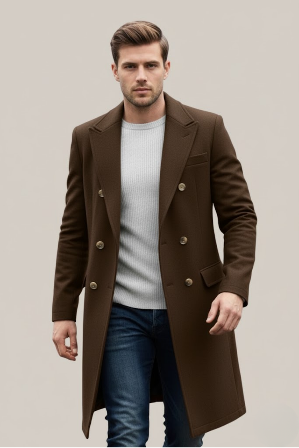 Sophisticated men's double-breasted long coat, excellent for business attire & smart casual winter style.