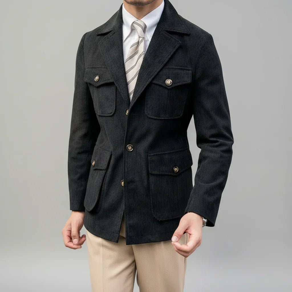 Men's elegant herringbone blazer with shining gold buttons, perfect for a tailored and formal look.