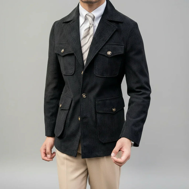 Men's elegant herringbone blazer with shining gold buttons, perfect for a tailored and formal look.
