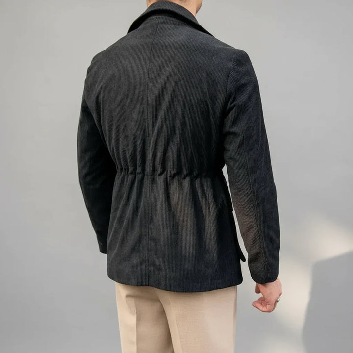 Versatile men's herringbone blazer, tailored fit with gold buttons, ideal for business, smart casual, or evening wear.